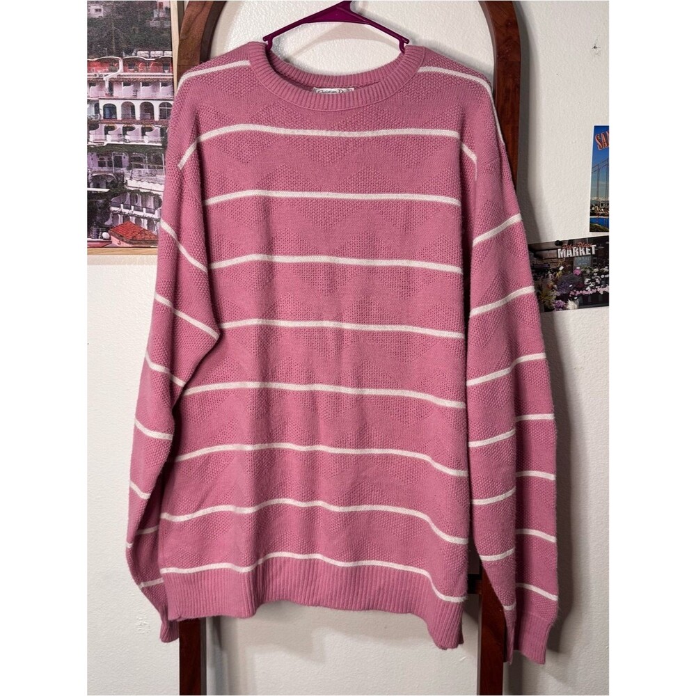 Christian Dior Vintage Pink Striped Knit Sweater Chevron Pattern